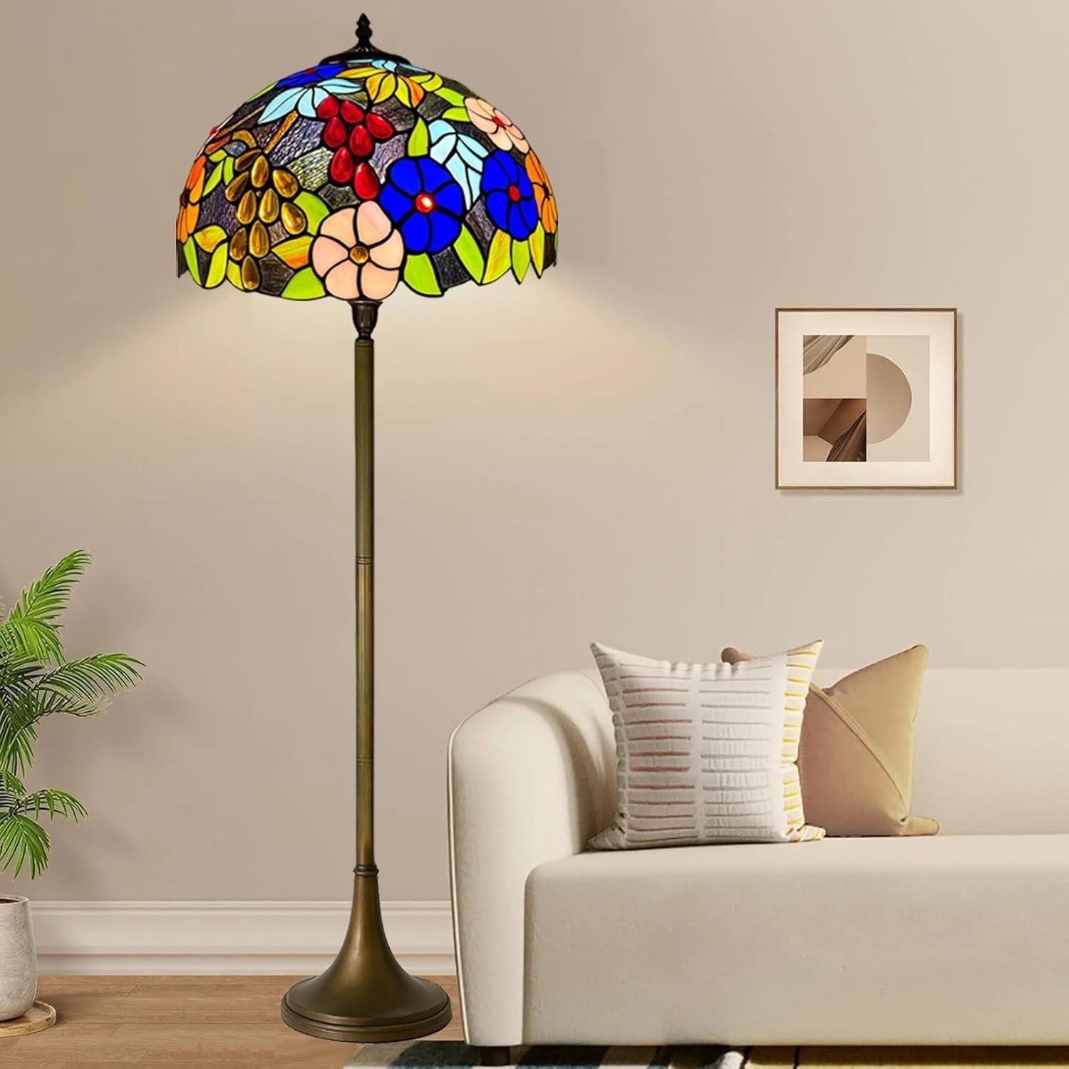 Tiffany Style Floor Lamp Handcrafted Stained Glass 16in Antique Decor Light