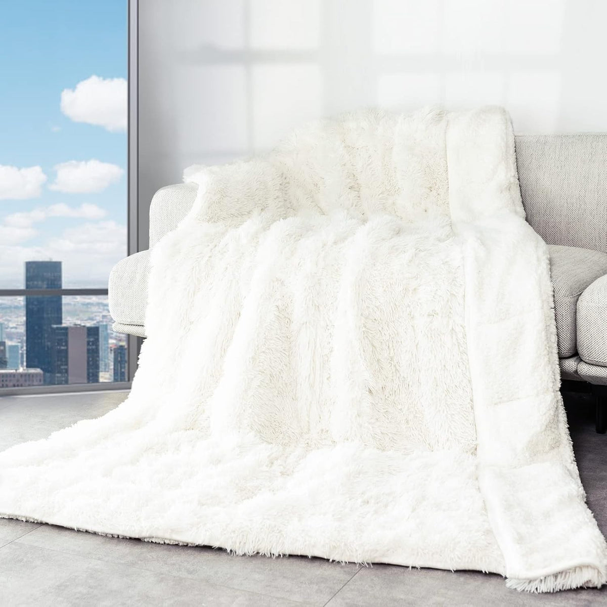 15lbs Weighted Blanket Cream White 60x80" Faux Fur & Sherpa Cozy Warm