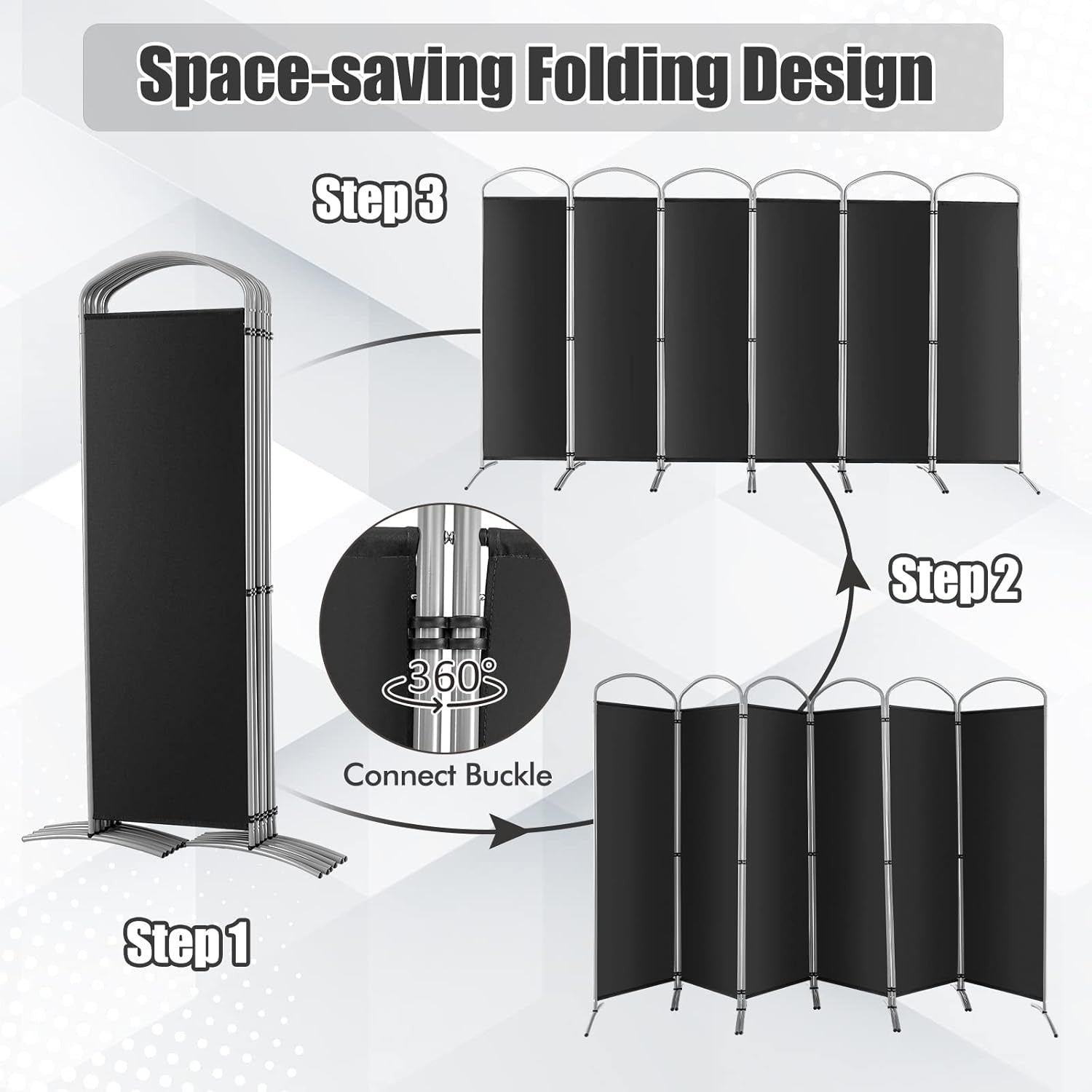 6 Panel Black Folding Room Divider Privacy Screen for Bedroom Office 188cm High