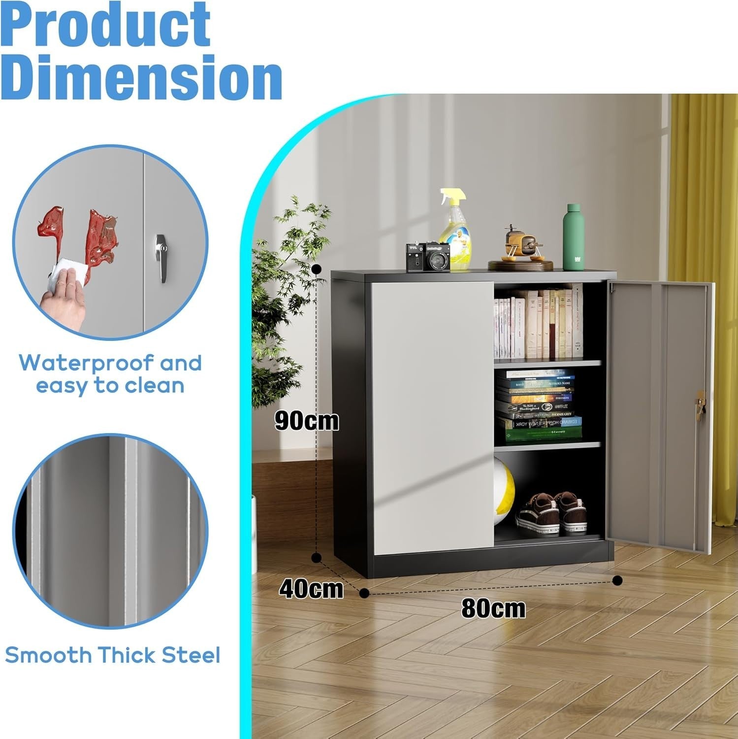 Black Grey Lockable Metal Storage Cabinet 80x40x90cm Steel Tool Cupboard