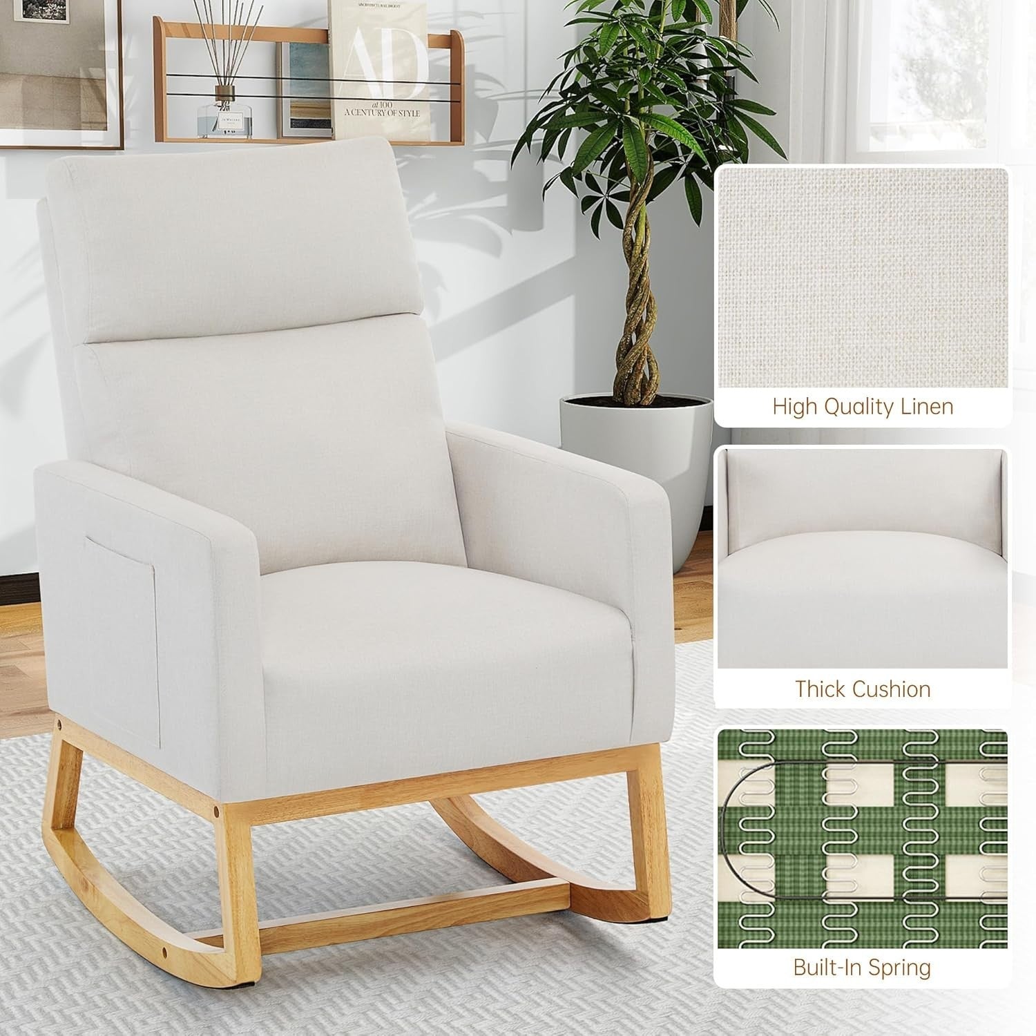 Linen Rocking Chair for Adults with High Back, Pockets & Wood Legs, Ivory