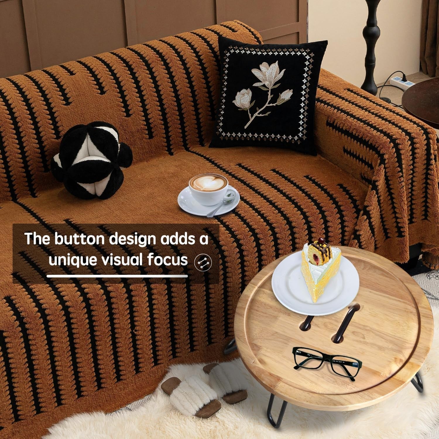 Round Wooden Side Table with Black Metal Legs Small Plant Stand Bedside Stool