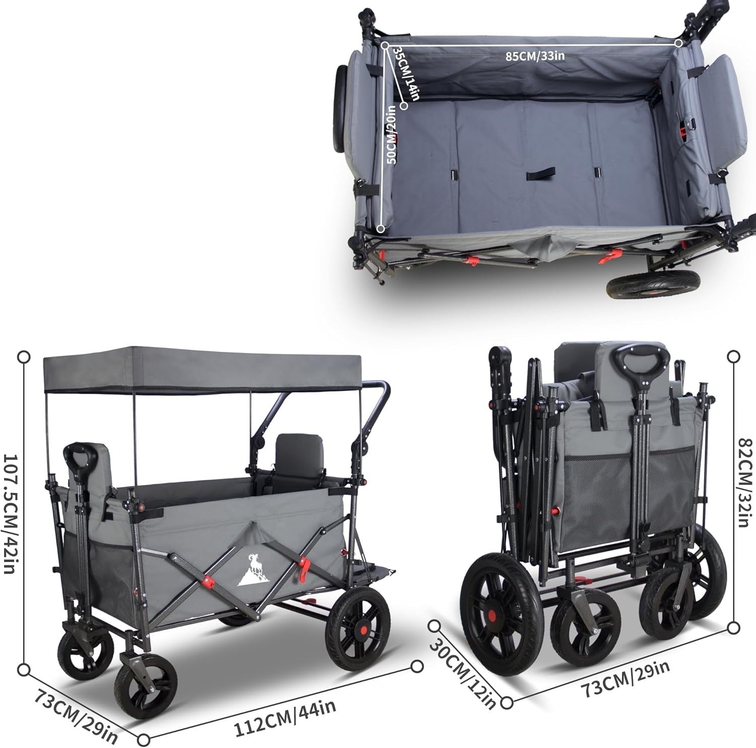 Grey Folding Wagon w/ 2 Seats Canopy Heavy Duty 120kg Collapsible Cart Outdoor