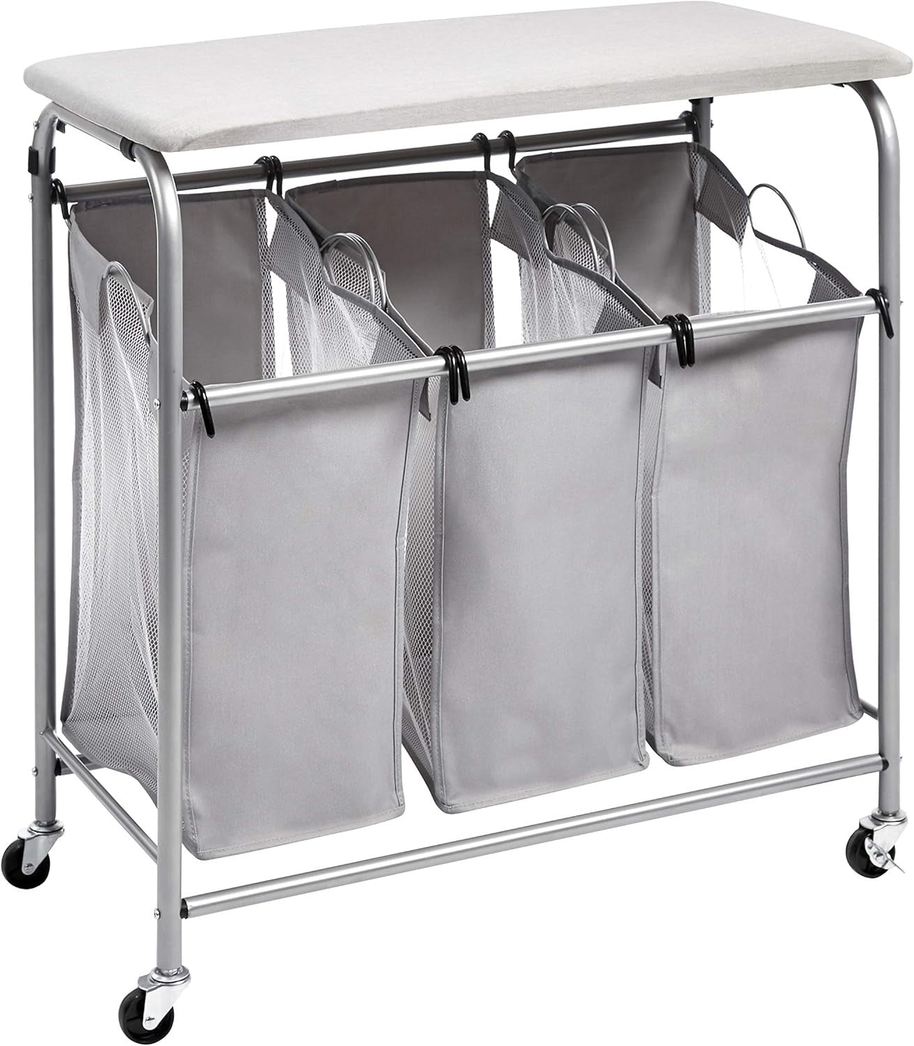 Laundry Sorter with Ironing Board 3 Bag Hamper Rolling Storage Unit