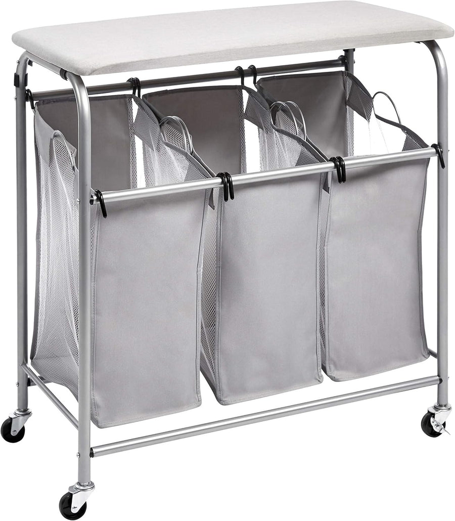Laundry Sorter with Ironing Board 3 Bag Hamper Rolling Storage Unit