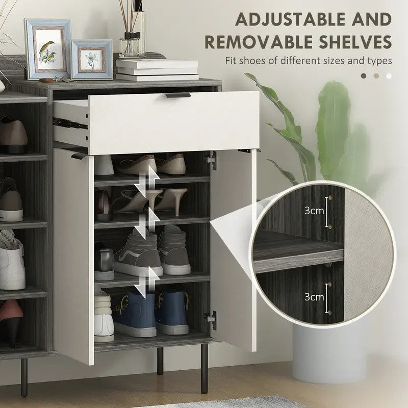 Modern Shoe Cabinet Storage Unit with Drawers & Open Shelves - Grey White