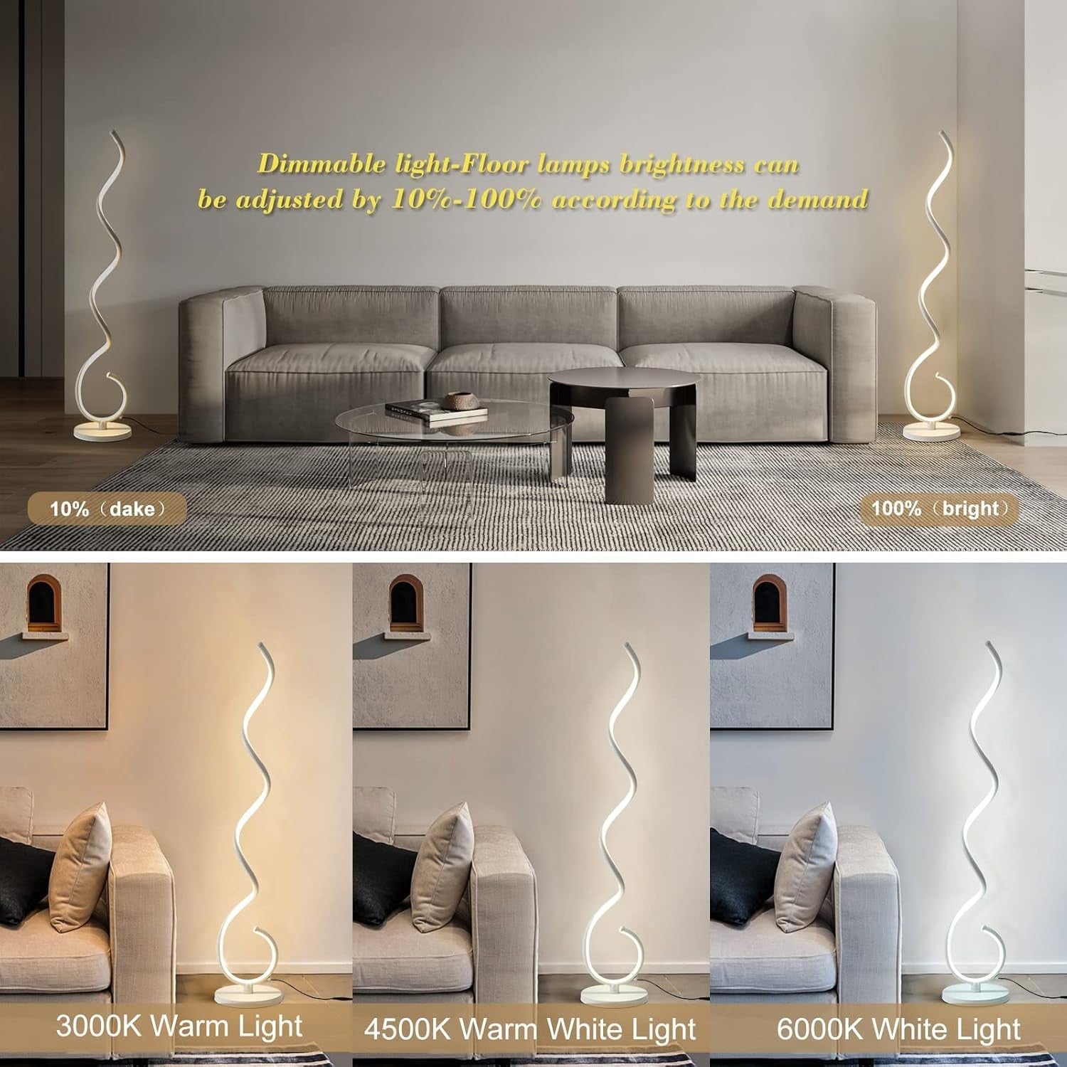 Modern Spiral LED Floor Lamp 150cm Dimmable 3-Color Remote Control