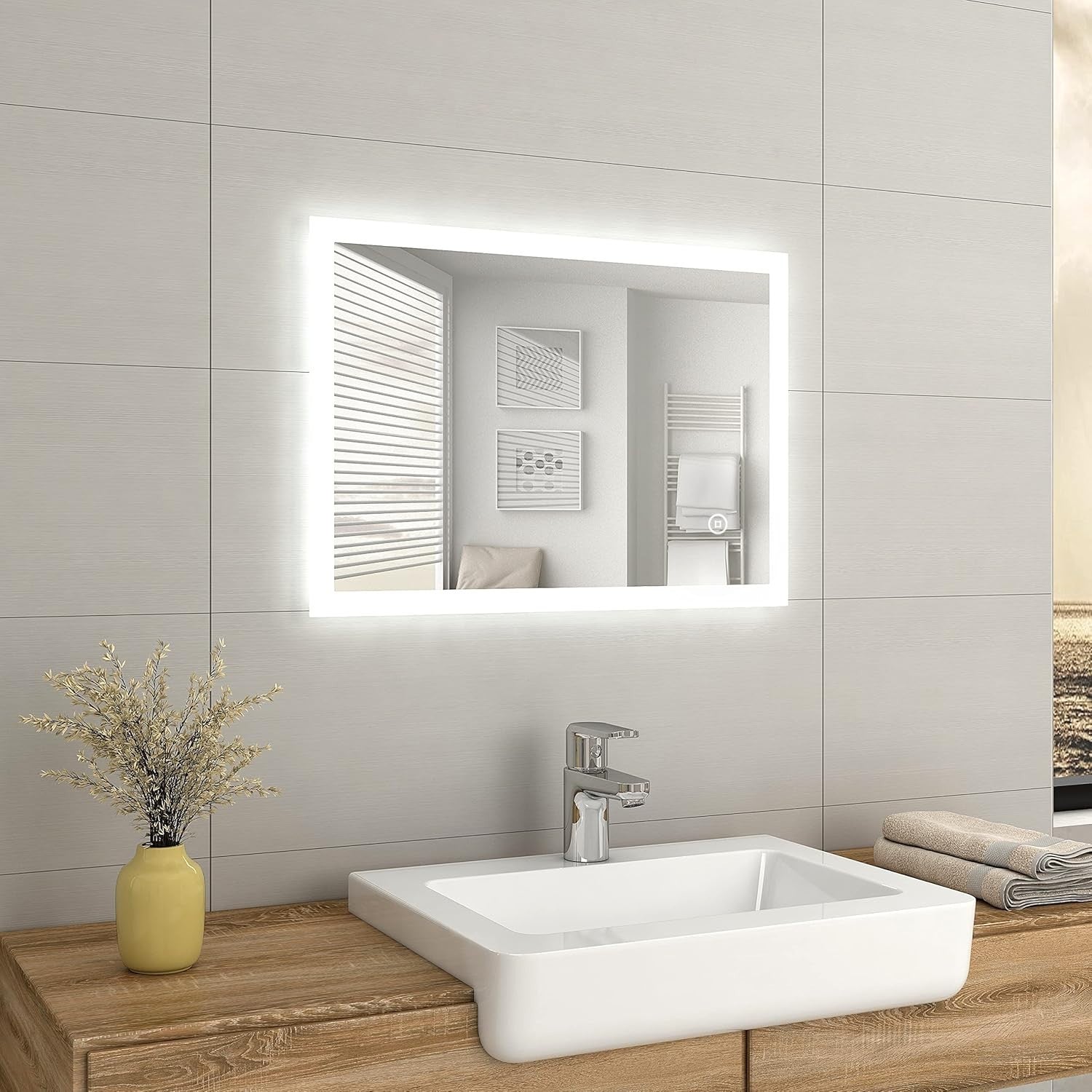 LED Bathroom Mirror 50x70cm Anti-Fog Touch Control Shaver Socket Lighted