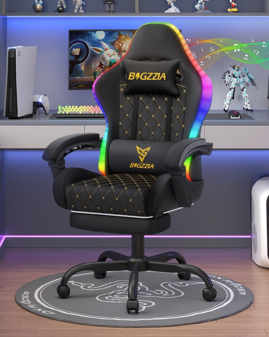 Gaming Chair with Bluetooth LED Lights Recliner Footrest