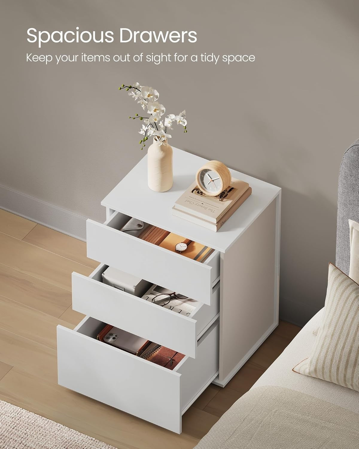 Set of 2 White Bedside Tables with 3 Drawers, Modern Minimalist Storage Units