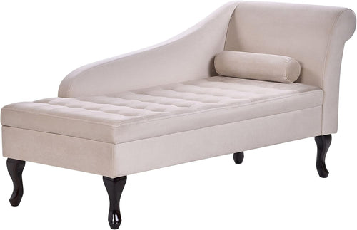 Right Hand Chaise Lounge w/ Storage Velvet Sofa Seat Beige Upholstery