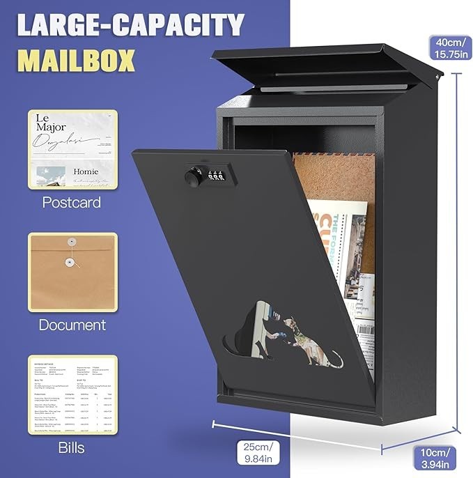 Wall Mounted Waterproof Post Box with Lock, Viewing Windows, Rain Cover