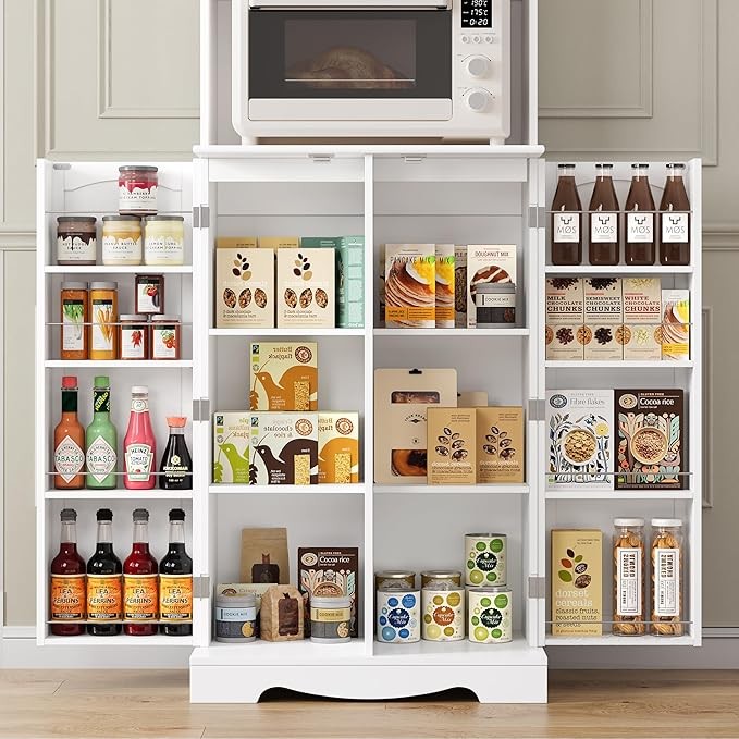 Tall White Kitchen Storage Cabinet 181cm Pantry Cupboard with 4 Doors Adjustable