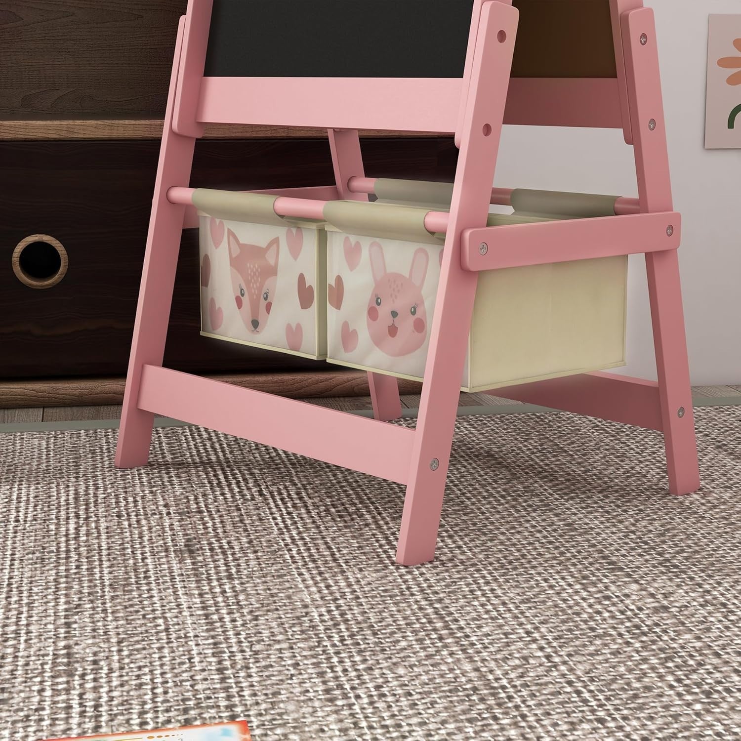 Kids Table & Chairs Set with Easel, Chalkboard & Paper Roll, Pink