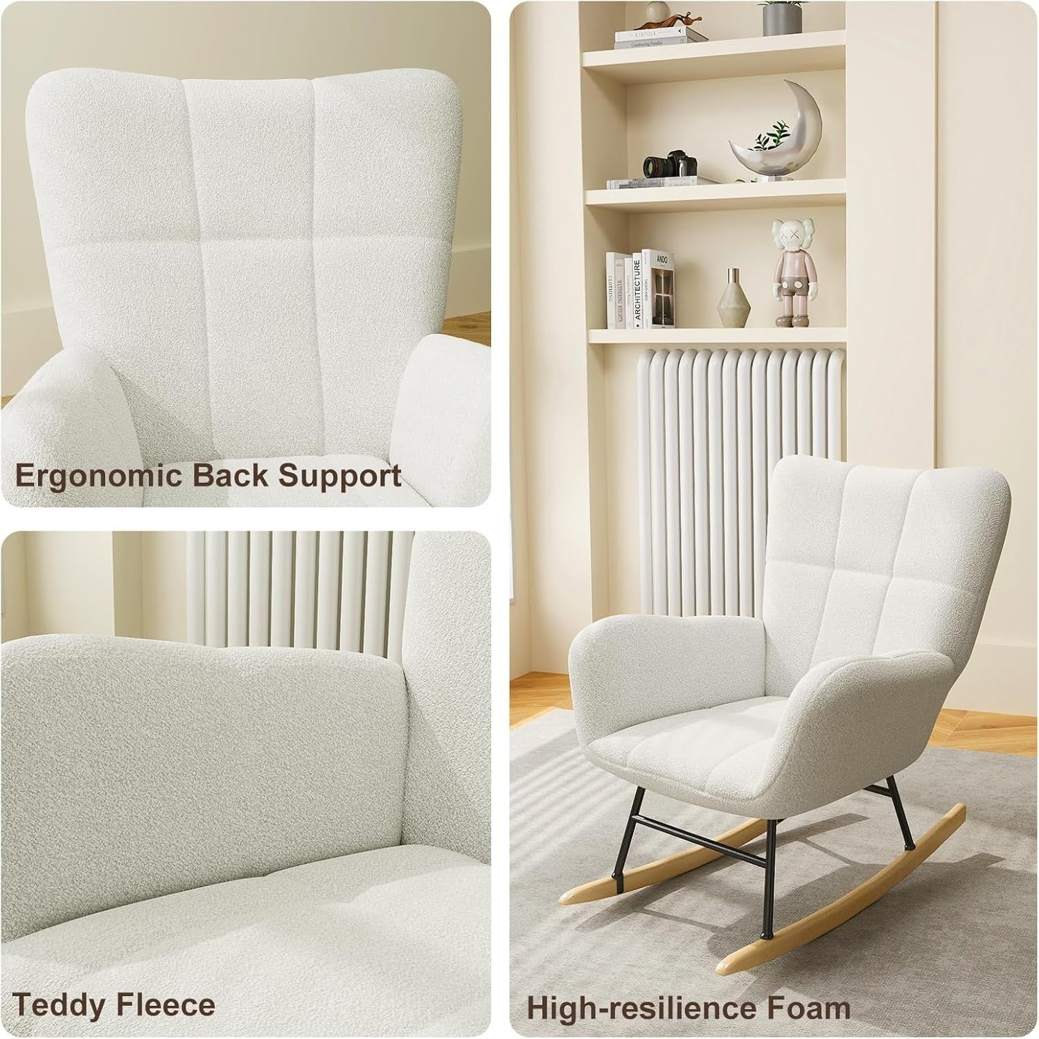 Teddy Fleece Rocking Chair High Back Armchair for Nursery Lounge Bedroom