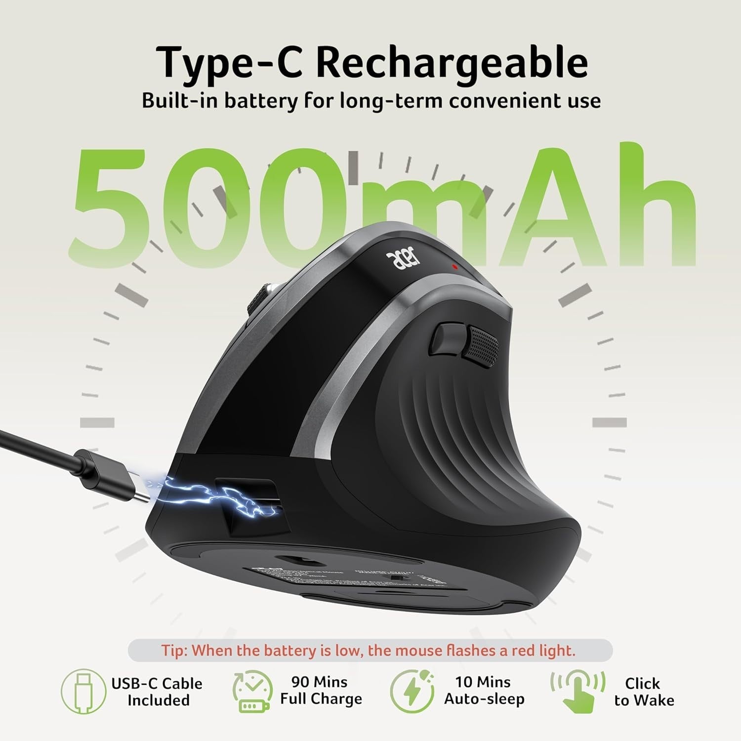 Vertical Ergonomic Wireless Mouse Rechargeable 6 Button 1600 DPI
