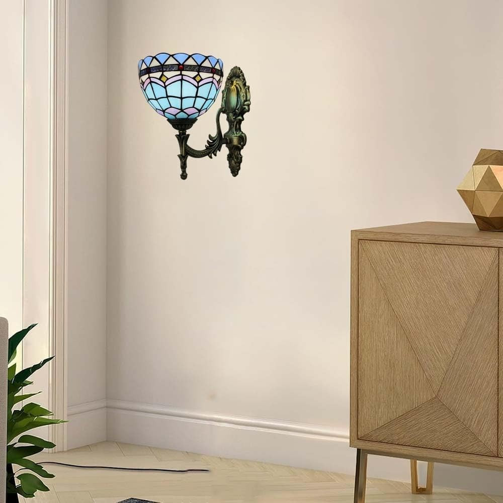 Vintage Wall Light Indoor Lamp with Stained Glass Shade, 28cm Tall