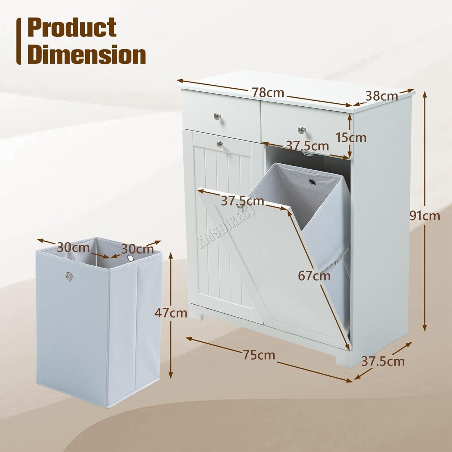Bathroom Laundry Cabinet Tilt Out Storage with Drawers & Baskets White