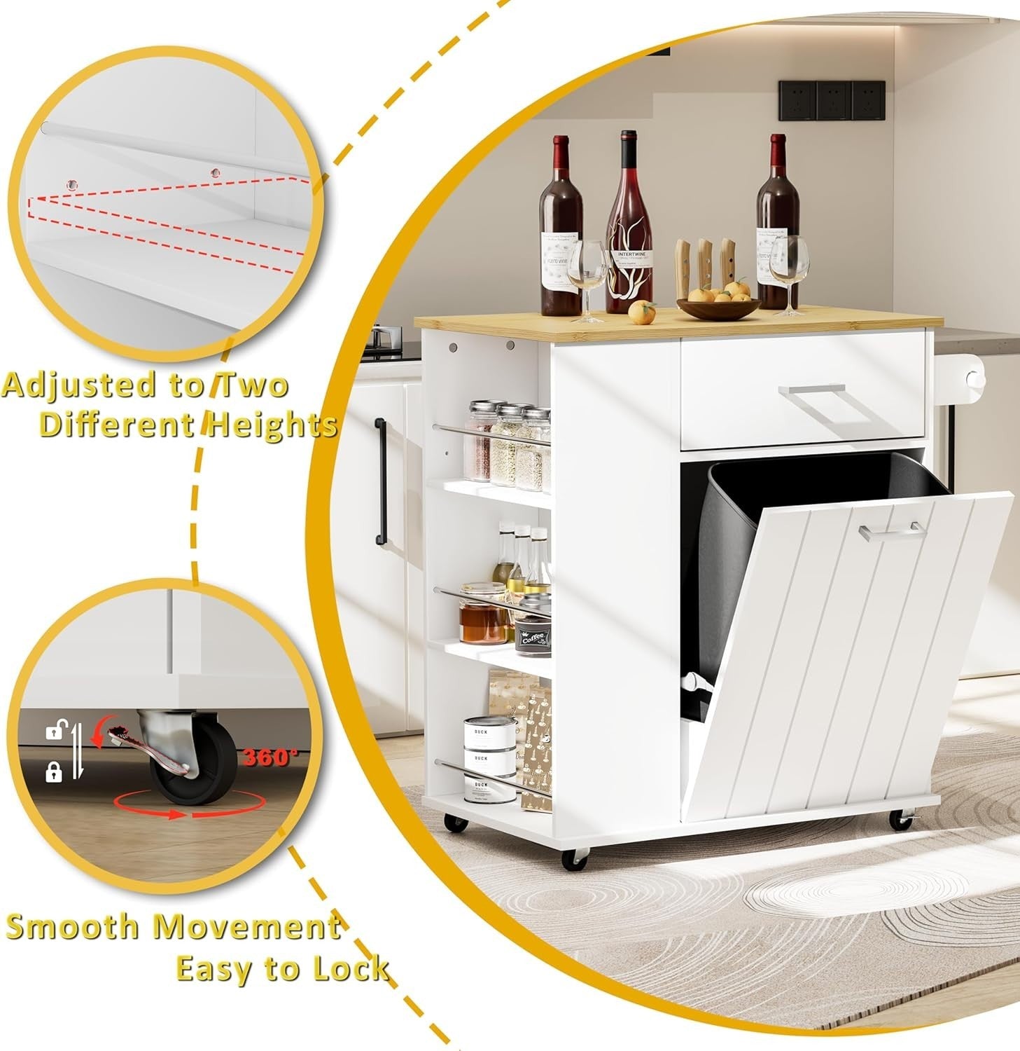 White Rolling Kitchen Island with Tilt-Out Trash Bin, Spice Rack & Towel Bar