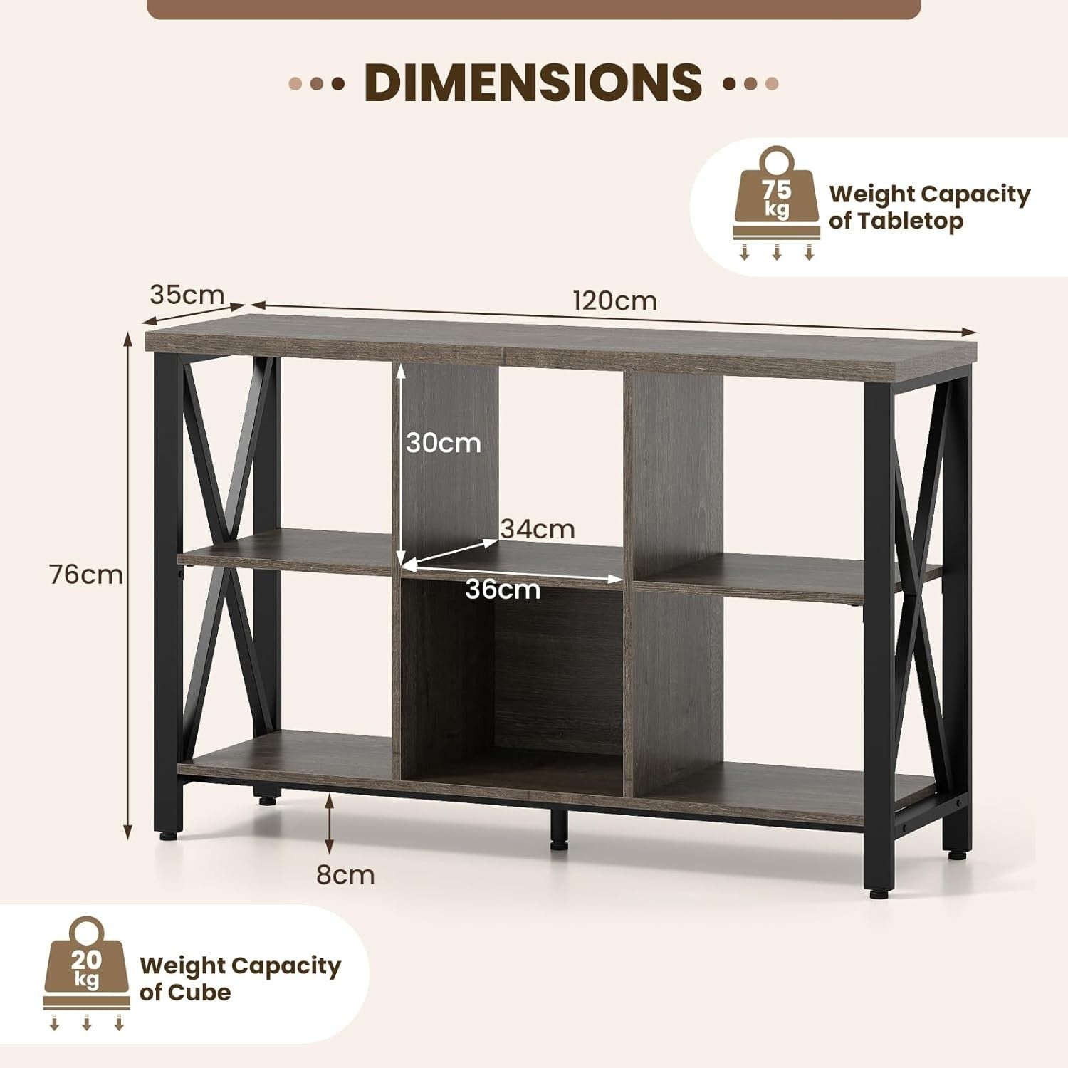 6-Cube Grey Storage Bookcase Industrial Metal Frame Durable 120x35x76cm