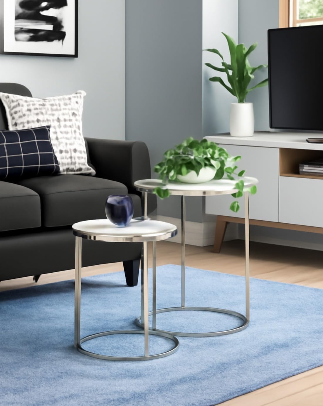 Space Saving Nesting Coffee Tables Set of 2 Round Side End Table White/Chrome