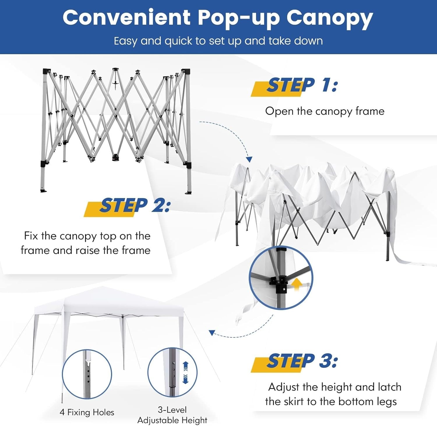 3x3m Pop Up Gazebo Adjustable Waterproof Outdoor Canopy w/ Bag White