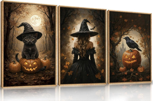 Halloween Framed Canvas Wall Art Set 3 Spooky Witch Cat Pumpkin Decor
