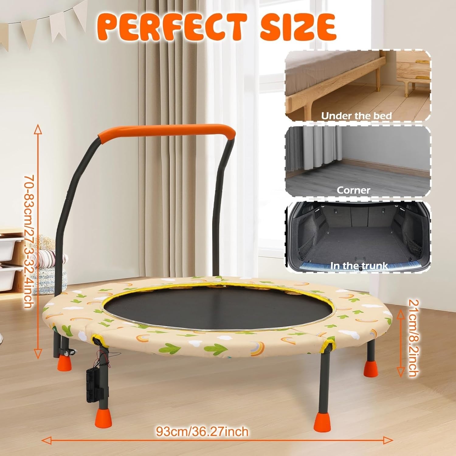 36'' Kids Mini Trampoline Adjustable Handle Safety Pad Indoor Outdoor