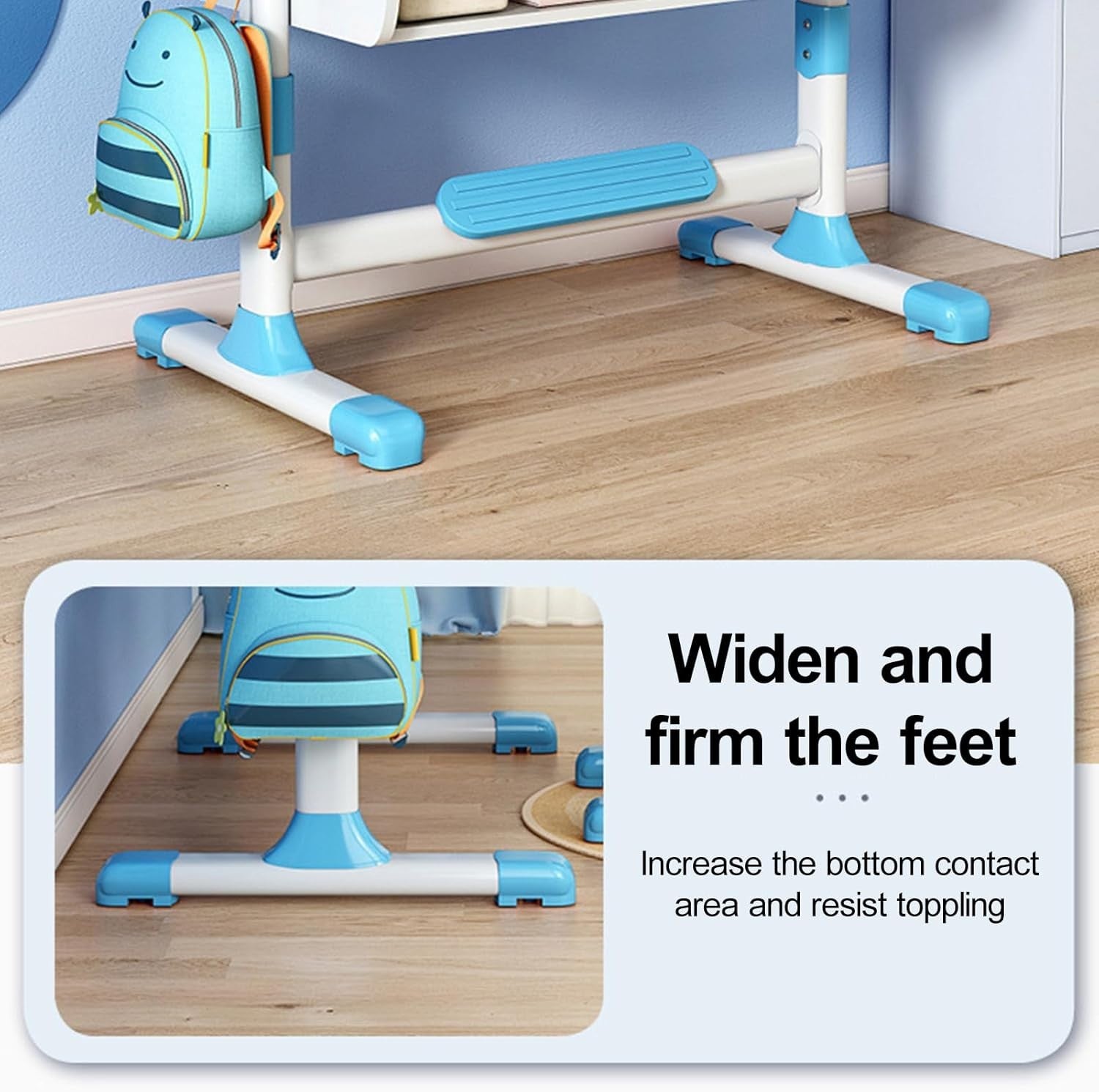 Kids Study Desk Chair Set Height Adjustable Writing Table with Bookshelf Blue