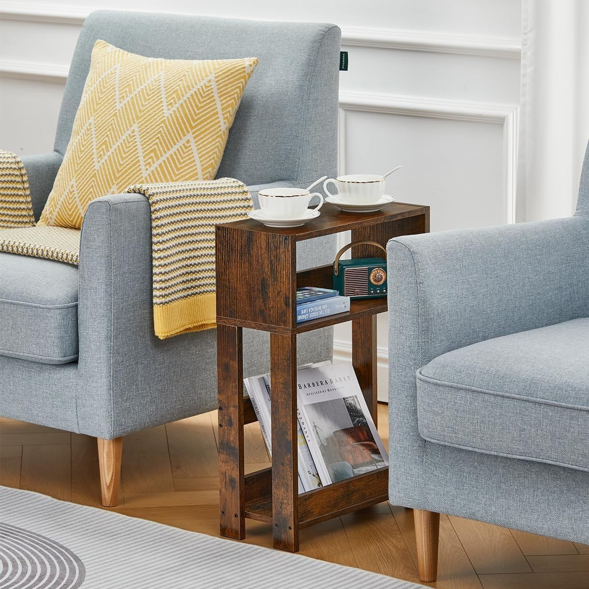 Rustic Narrow Side Table with Storage | 3-Tier Slim Nightstand for Small Spaces