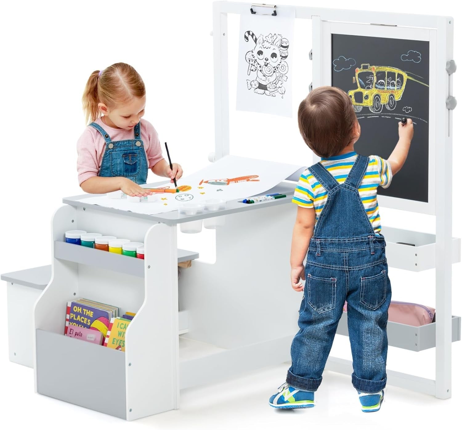 Kids 3 in 1 Art Table and Bench Set with Easel Bookshelf Grey White