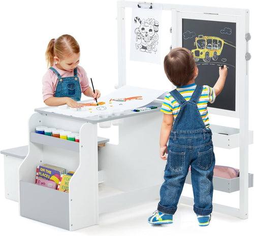Kids 3 in 1 Art Table and Bench Set with Easel Bookshelf Grey White