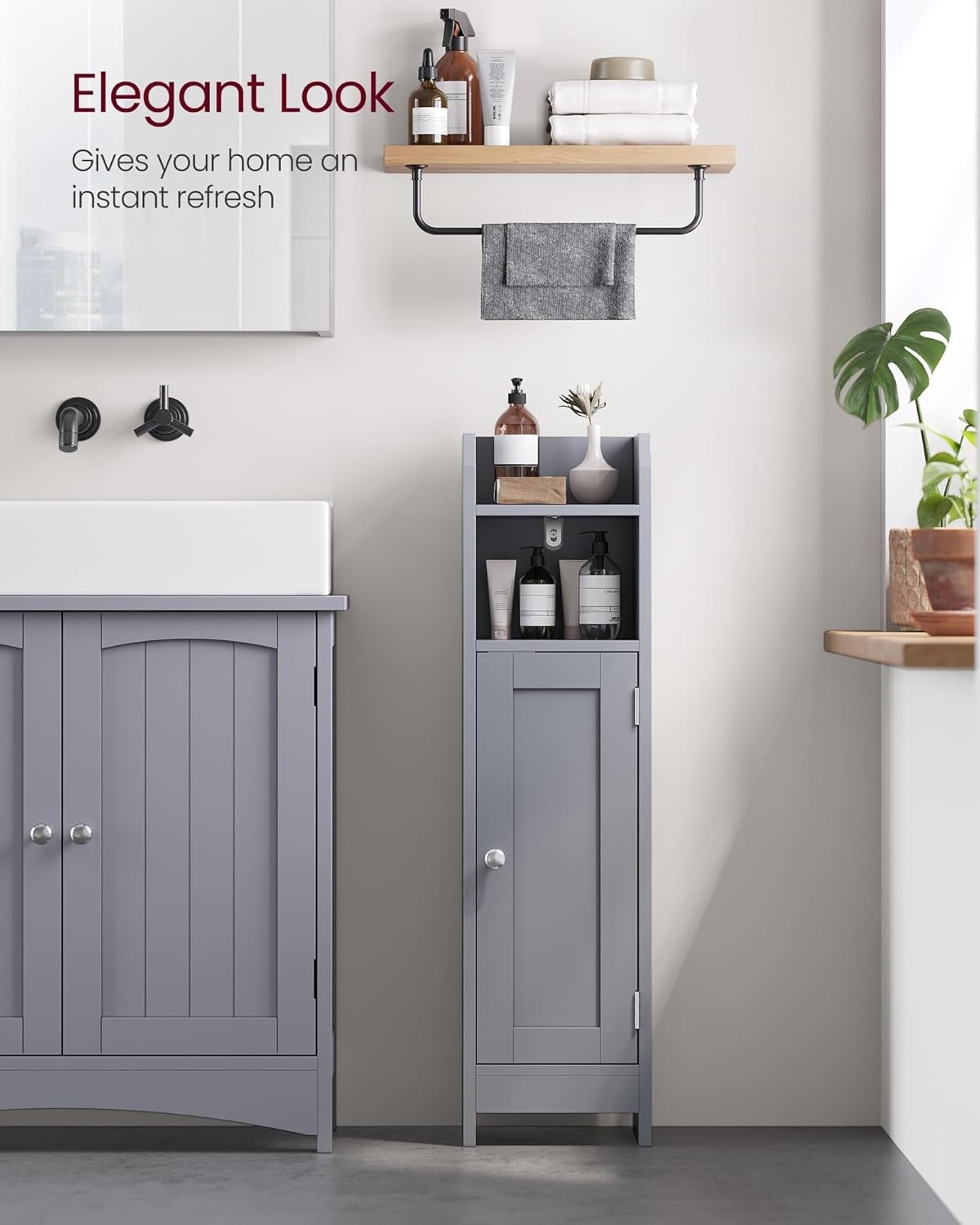 Slim Dove Grey Bathroom Storage Cabinet with Door, Adjustable Shelf & Narrow Des