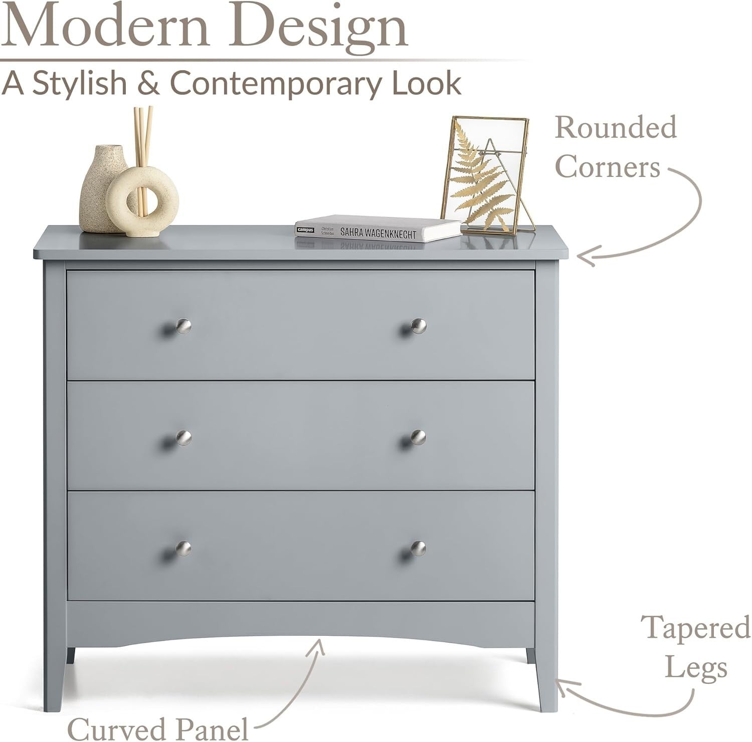 Grey 3 Drawer Chest, MDF Storage Cabinet, Chrome Handles, 80cm Wide