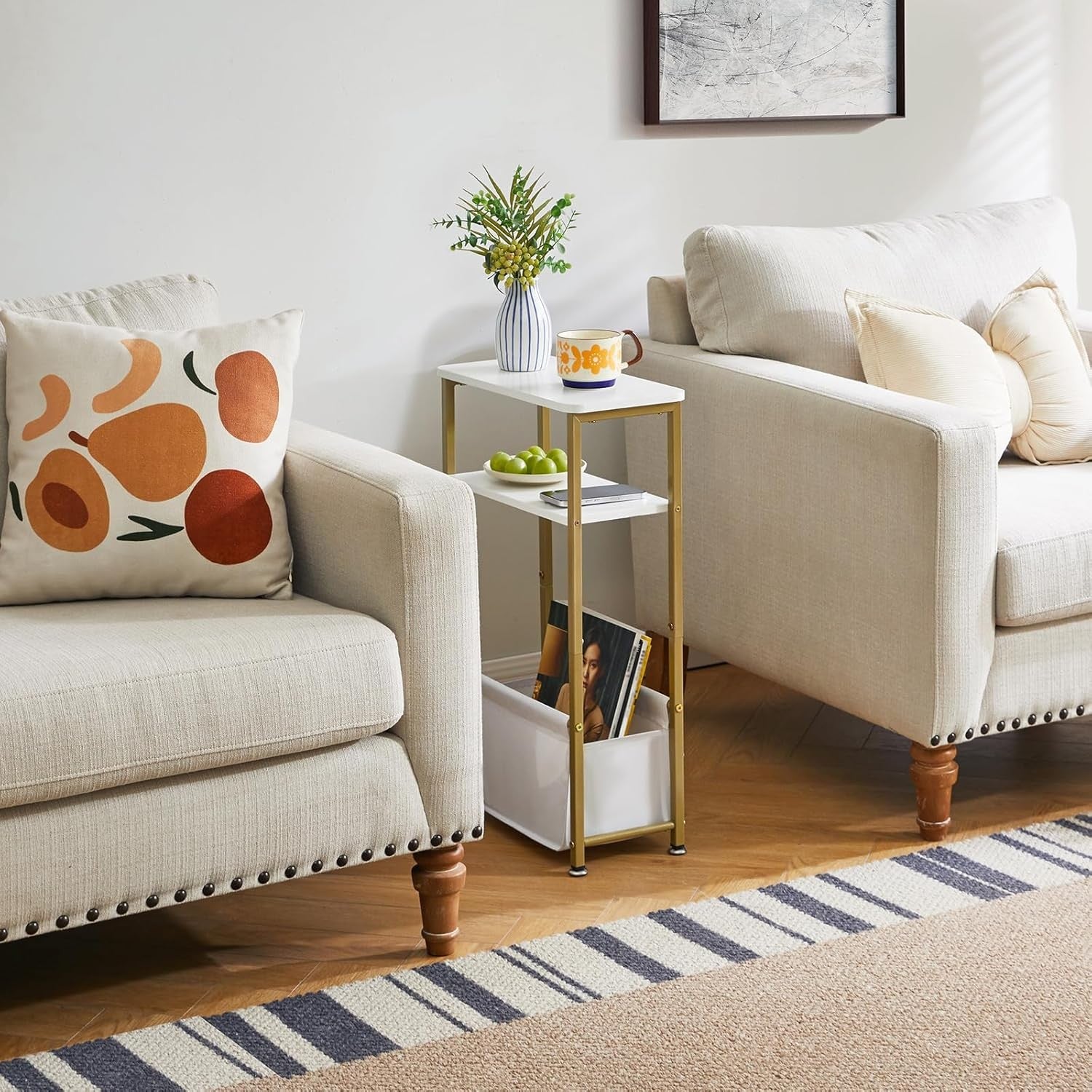 Slim White & Gold 3-Tier Side Table with Storage Basket – Narrow Bedside/End Tab
