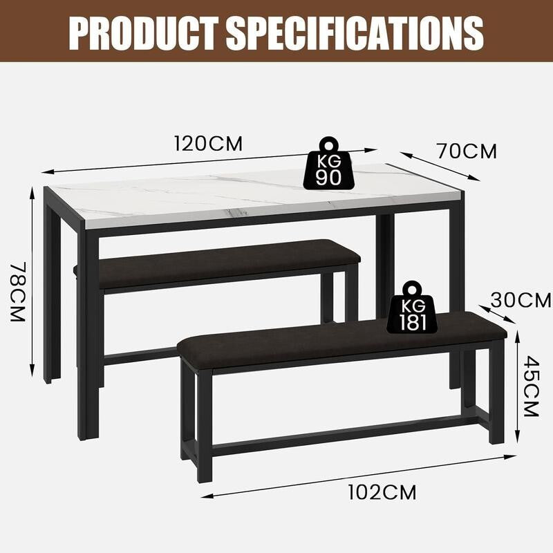 Faux Marble Dining Table Set with 2 Benches – Space Saving, 4 Seater