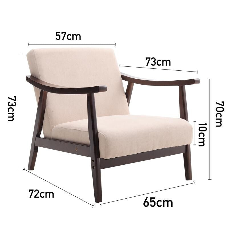 Mid-Century Beige Fabric Armchair Wooden Frame Accent Lounge Chair