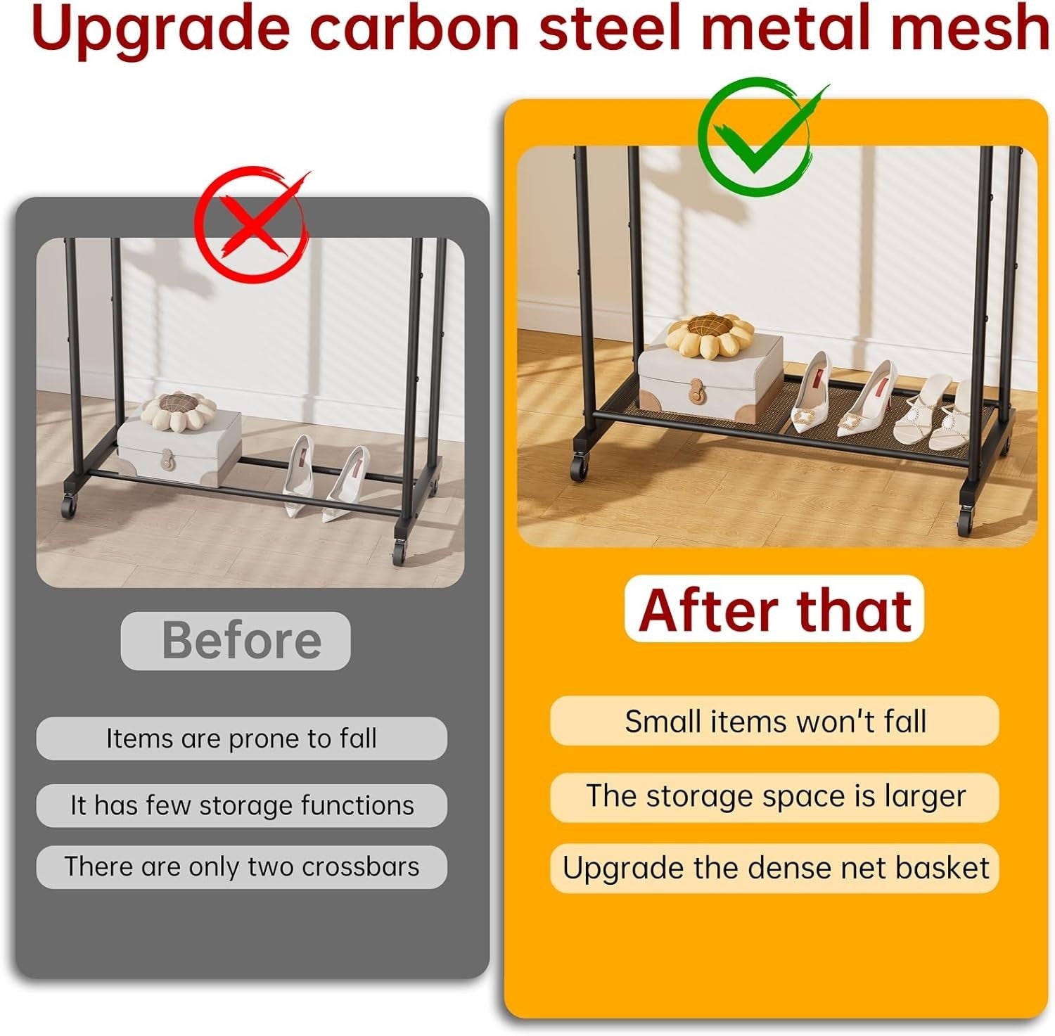 Portable Clothes Rail Black Metal Storage Rack with Wheels, Double Shelf Design