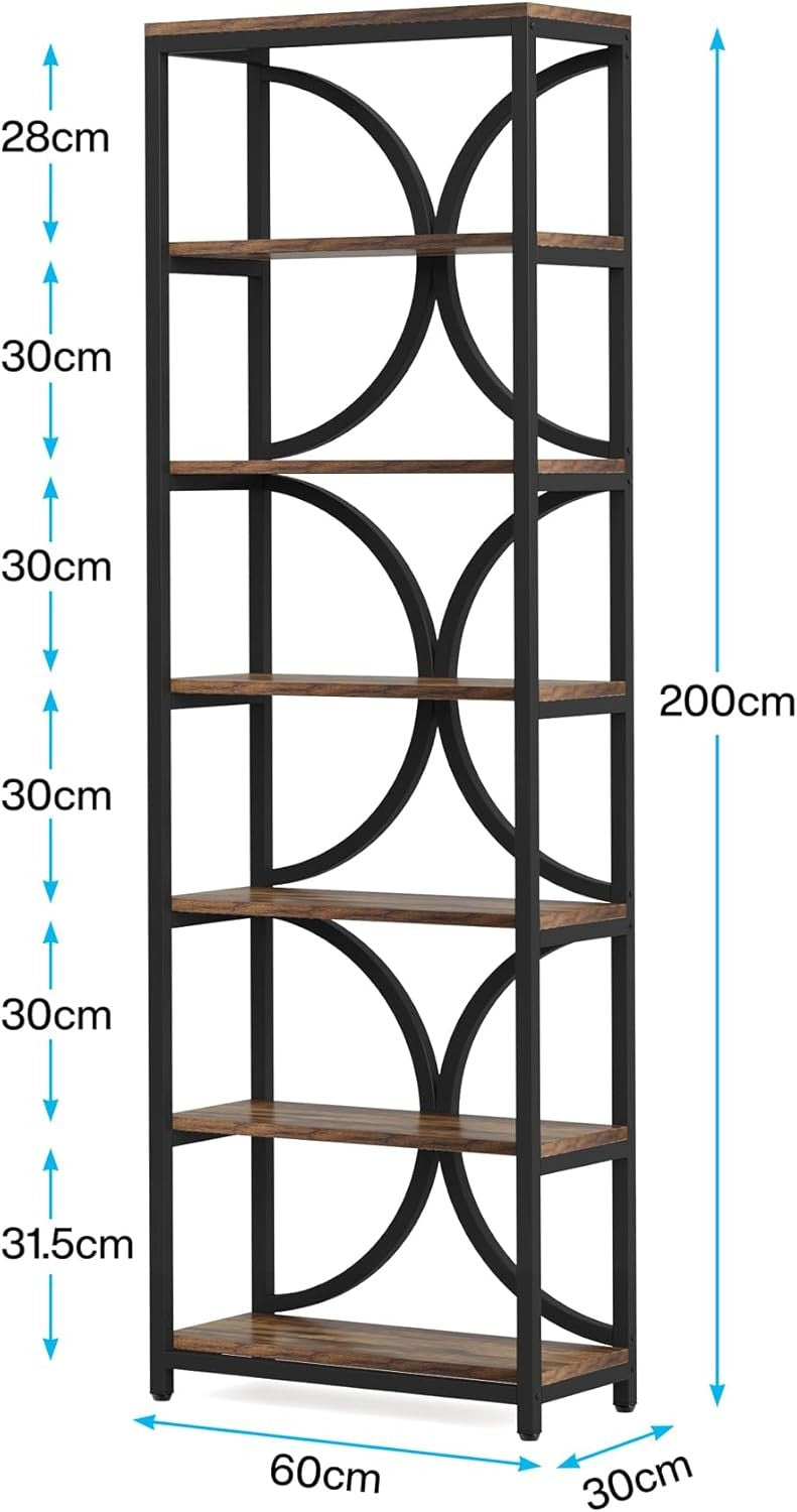 Tall Industrial 6-Tier Bookcase with Metal Frame, Narrow Storage Shelf 200cm