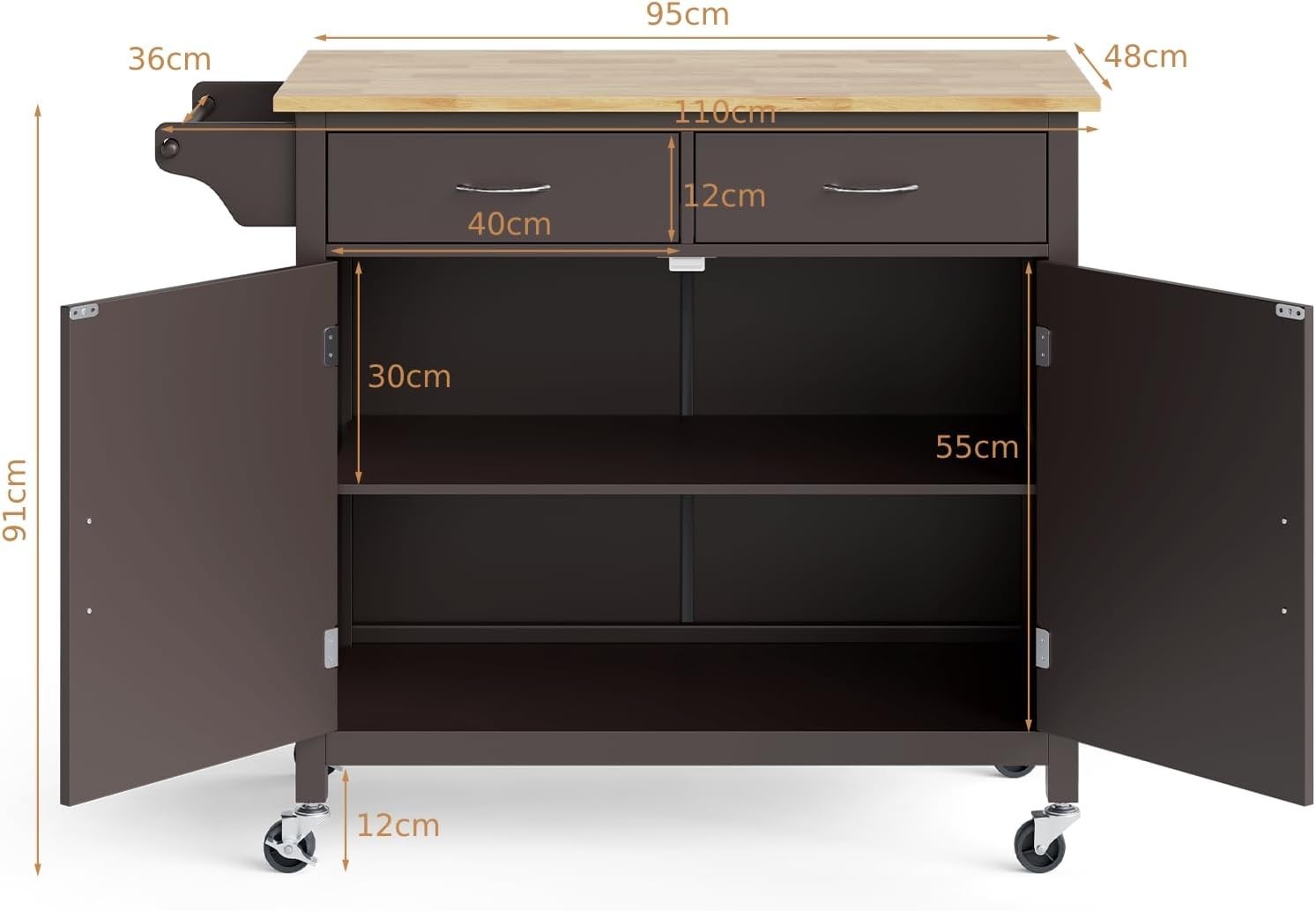 Rolling Kitchen Island Cart with 2 Drawers, Adjustable Shelf & Towel Rack.
