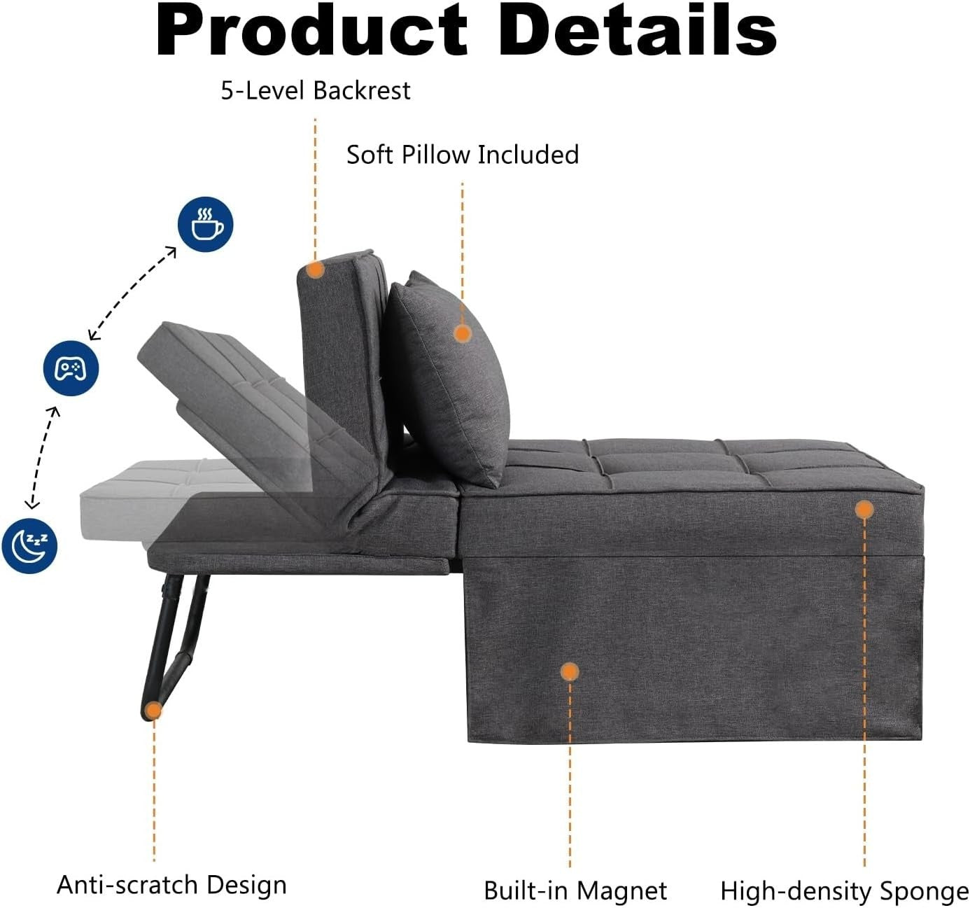 4-in-1 Sofa Bed Chair Single Sleeper Guest Bed Recliner for Small Spaces