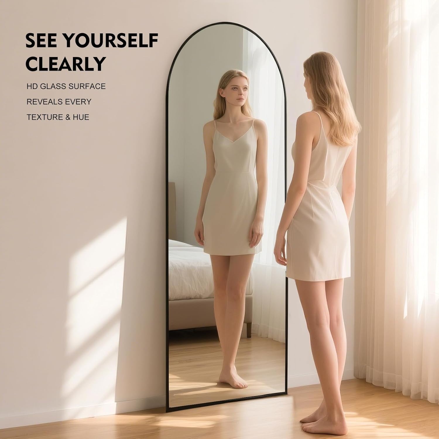 Full Length Arch Mirror 165x60cm Black Frame Tempered Glass Free Standing