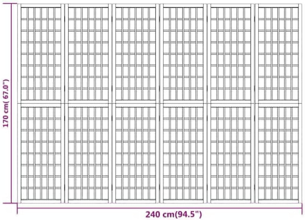 6 Panel White Shoji Room Divider 240x170cm Folding Wooden Privacy Screen Japanes