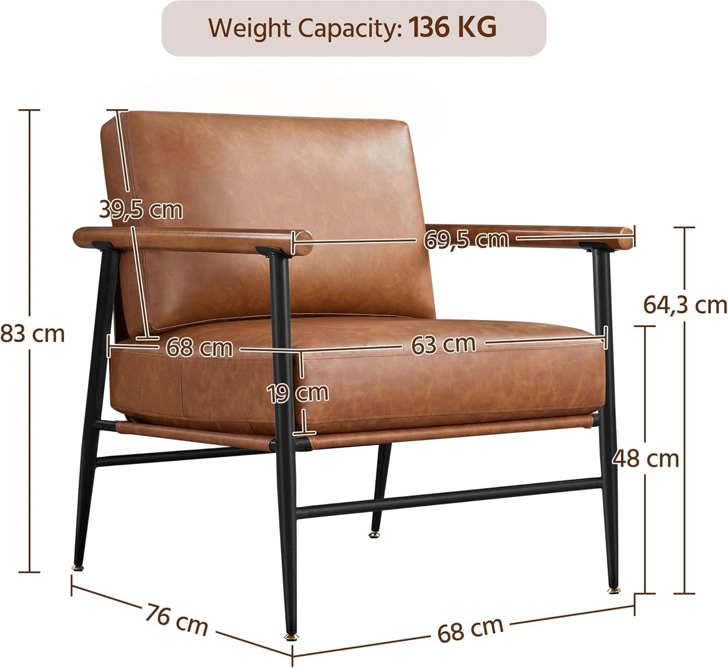 Retro Brown Faux Leather Lounge Chair Comfy Armchair Metal Frame Seat