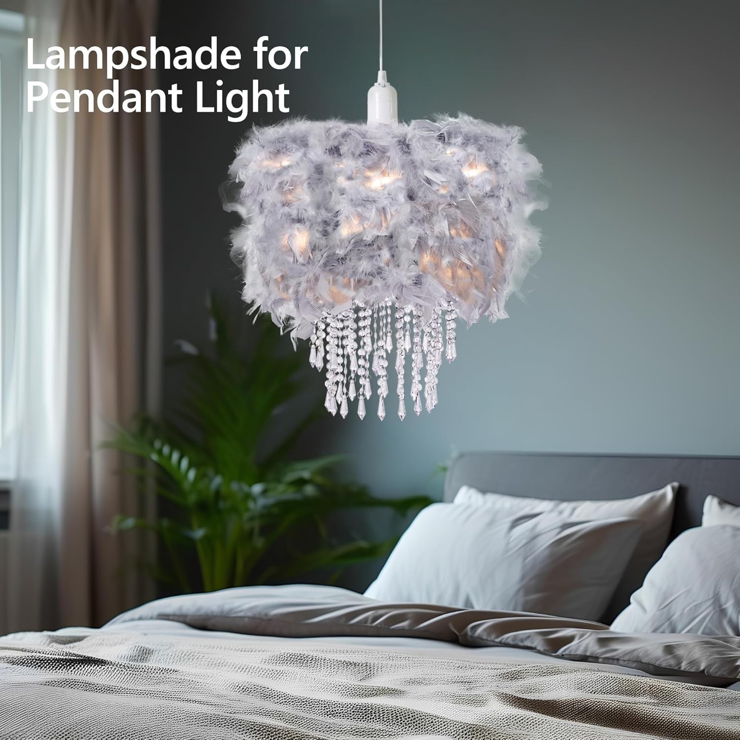 Grey Feather Lampshade Fluffy Drum Ceiling Pendant Shade Crystal Drops