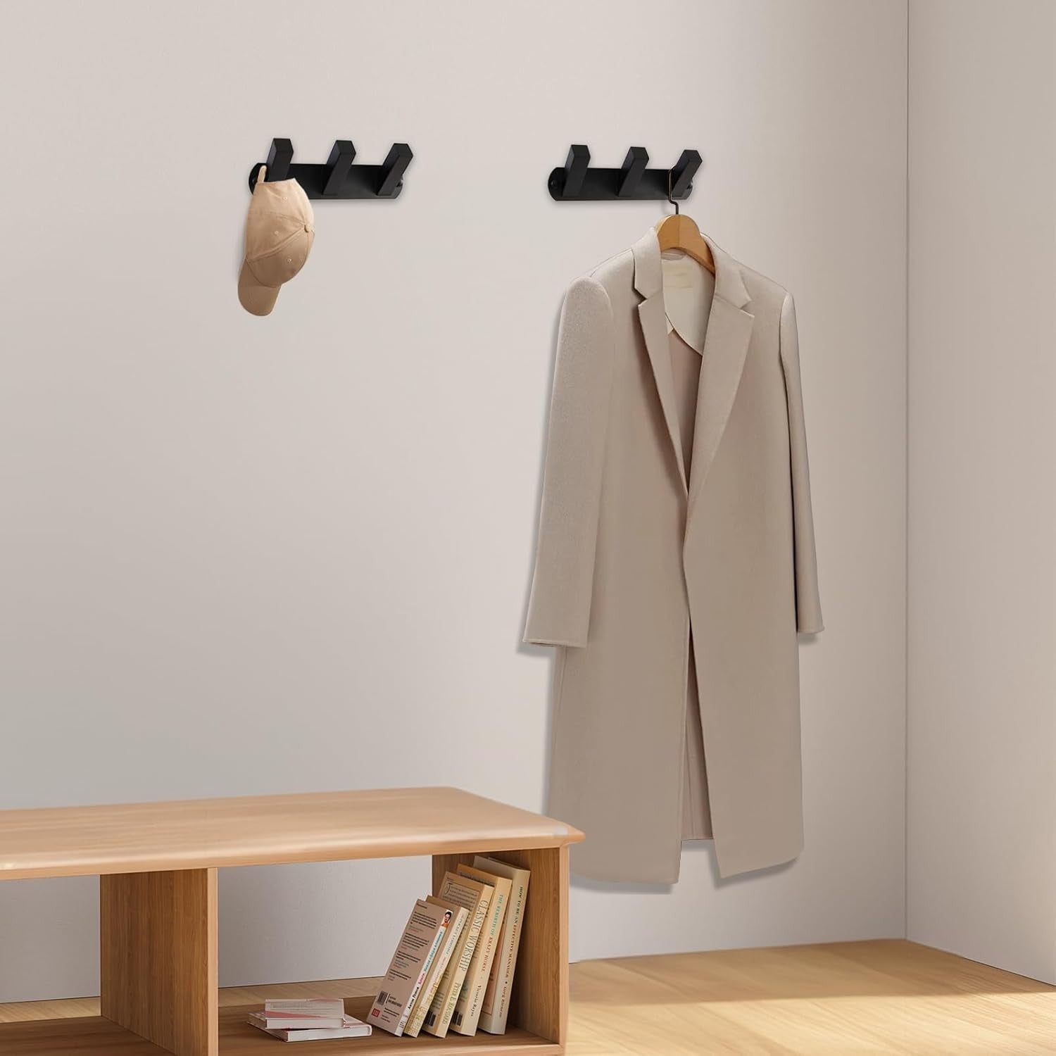 Black Metal Wall Coat Rack 3 Square Hooks Heavy Duty Modern Hanger for Bathroom