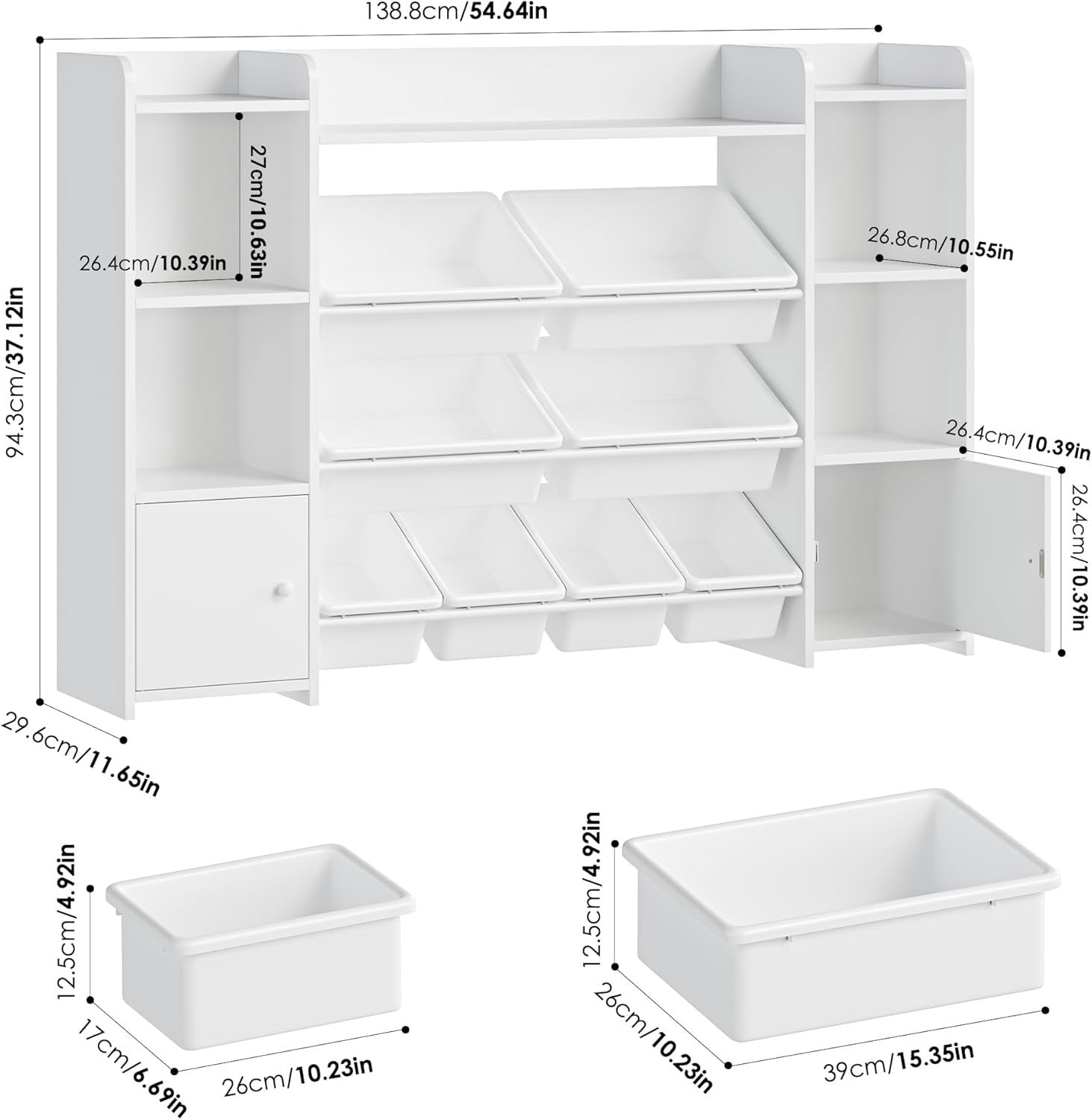 Kids Toy Storage Unit with 8 Boxes & Shelves – White Bookcase Organizer