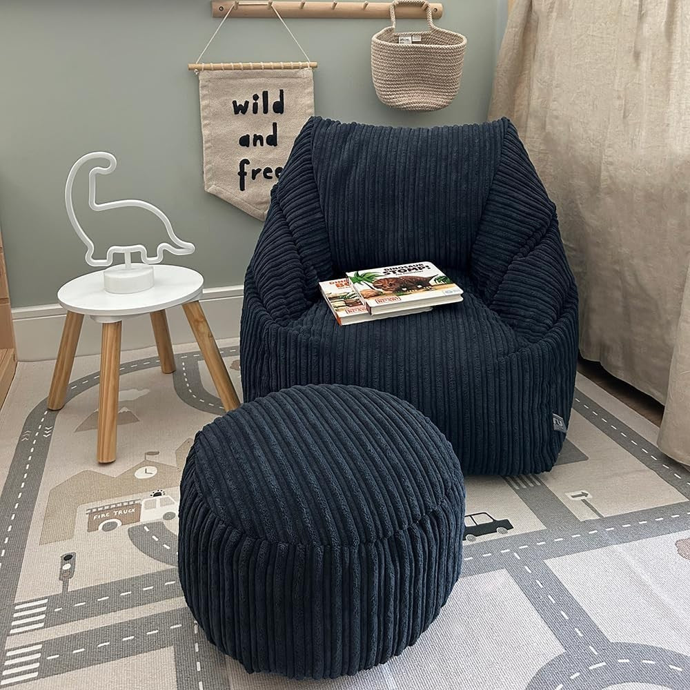 Kids Navy Corduroy Bean Bag Chair + Footstool – Washable, 70x80x60cm