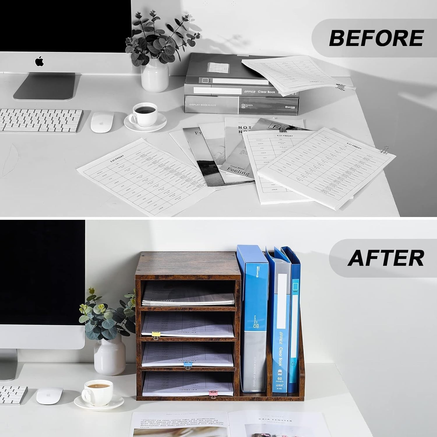 Wood Desktop File Organizer Mail Sorter | Desk Tray A4 Paper Storage
