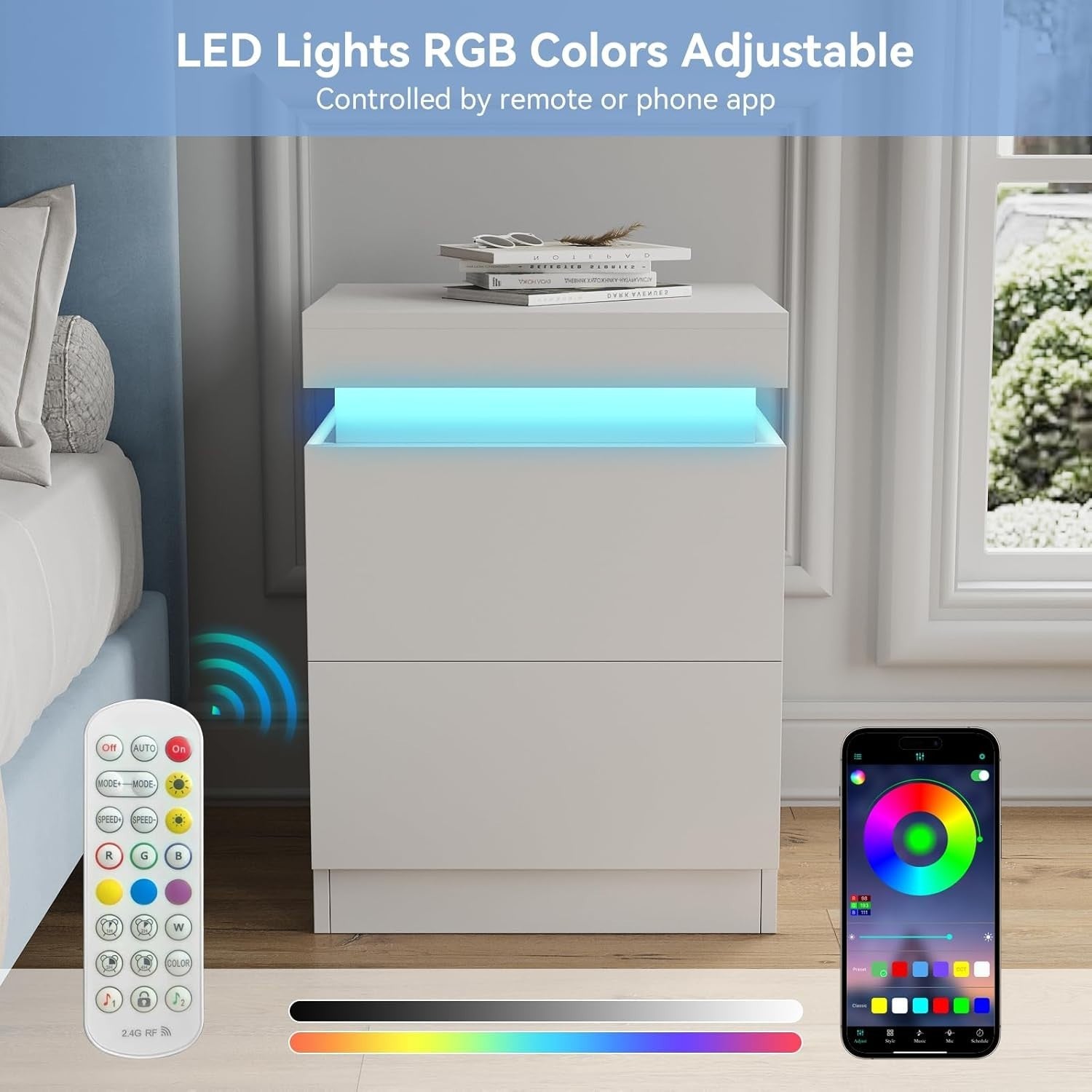 Modern LED Bedside Tables Set of 2 with USB Charging | White 2 Drawer Nightstand
